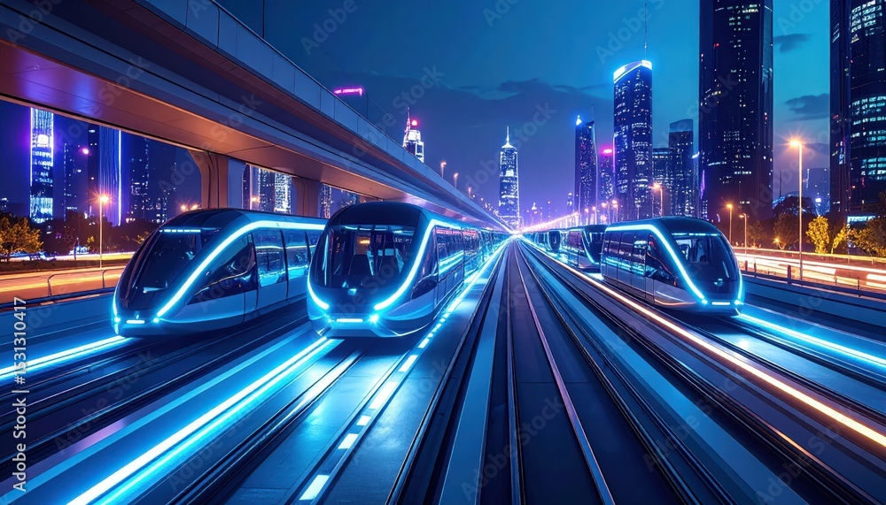 Fototapeta premium Futuristic City with Elevated Pathway and Automated Transport Pods