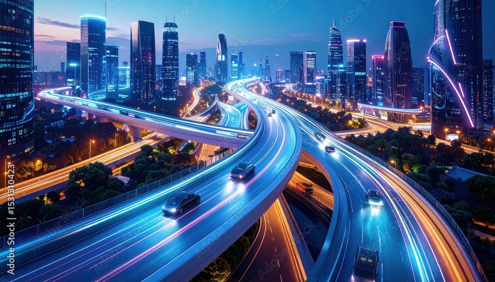 Fototapeta premium Elevated Pathway in Futuristic City with Glowing Lights and Vehicles