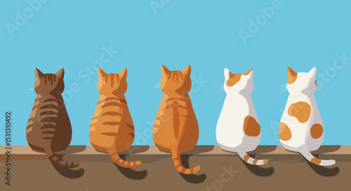 Five cats in a row with raised tails on a light blue background
