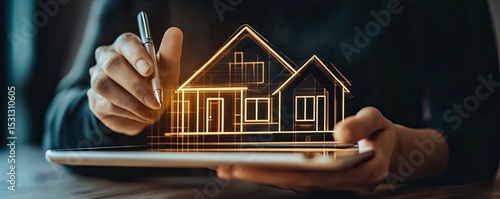 Person designing a house on a tablet.  Hands hold tablet, showing a house design in glowing lines, suggesting digital home planning or real estate