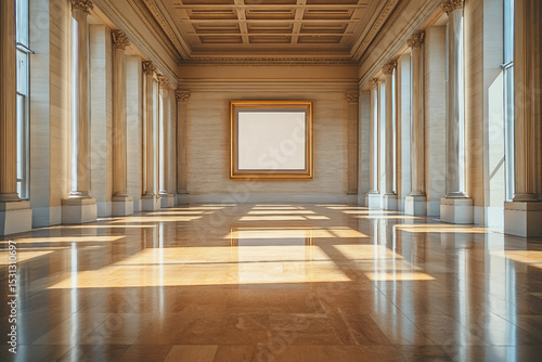 Elegant generative ai depiction of a bright  empty room with ornate classical architecture and large windows letting in sunlight
