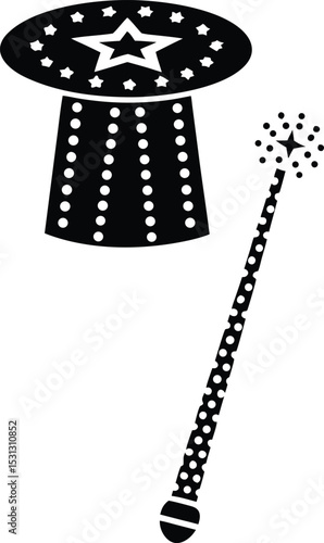 Magic Wand and Magician Hat with Stars Black and White Icon