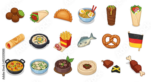 Vector icons Set of  Assortment of Global Cuisine Dishes Appetizing and Colorful Food Illustrations. Vector Illustrations