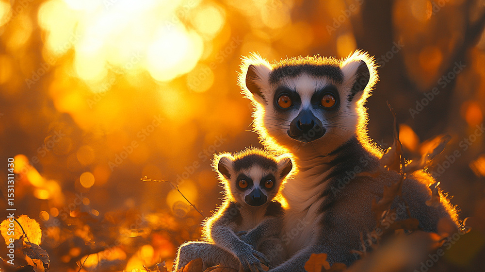 Lemurs at sunset in forest parent and baby Lemurs at sunset in forest parent and baby