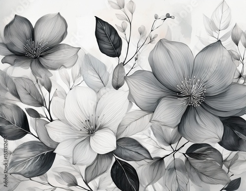 elegant botanical illustration of soft florals in monochrome watercolor style for artistic design