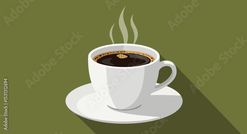 Steaming cup of coffee on saucer with green steam on solid green background