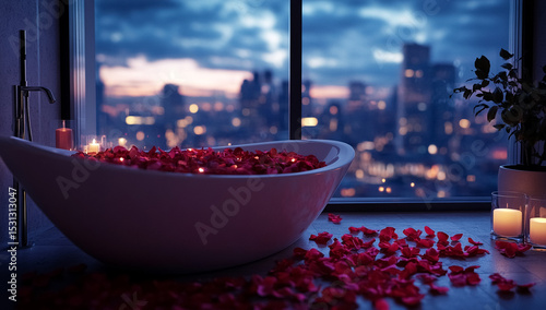 Elegant rose petal bath with romantic city night view from a luxury penthouse