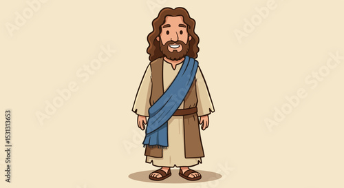 Illustration of a bearded man in traditional attire with long brown hair and a blue cloth