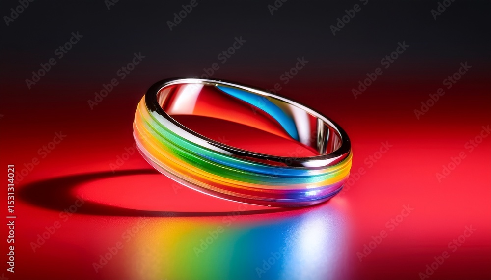 a sleek translucent ring showcasing a vibrant rainbow gradient on a striking red backdrop a sleek translucent ring showcasing a vibrant rainbow gradient on a striking red backdrop