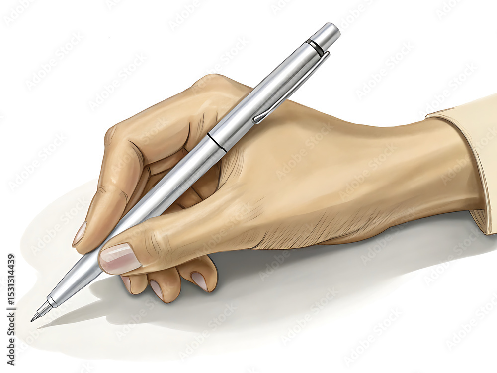 Naklejka premium A hand holding a silver pen with a beige sleeve on a white background in a drawing style image