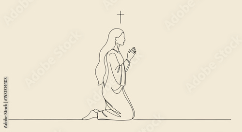 Female figure in prayer with cross in monochromatic line drawing
