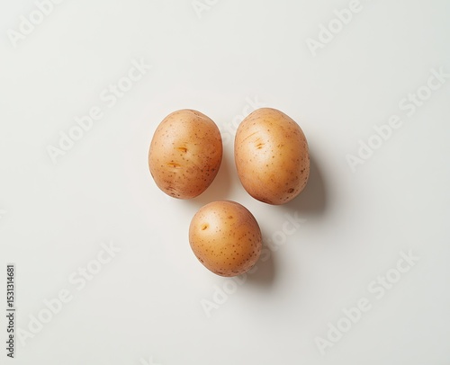Three small, light-brown potatoes arranged in a loose triangle on a plain white surface