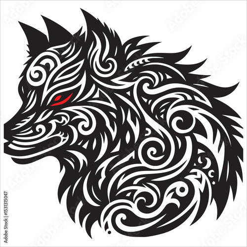 Tribal Wolf Silhouette Vector,A tired wolf howling while sitting lazily vector animal silhouette,Isolated fenrir wolf mythological symbol with snarling pose and tribal patterns
