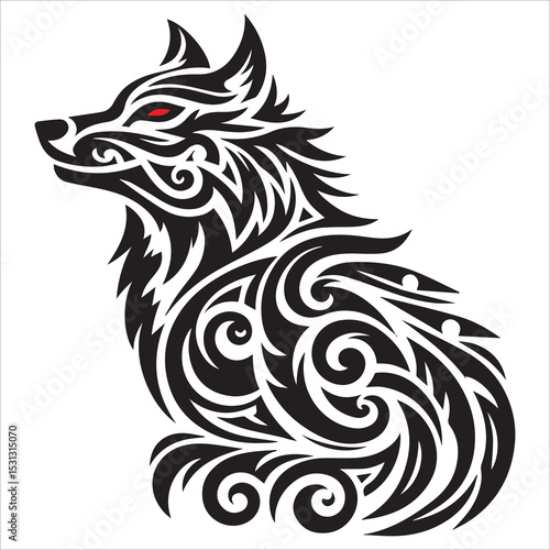 Tribal Wolf Silhouette Vector,A tired wolf howling while sitting lazily vector animal silhouette,Isolated fenrir wolf mythological symbol with snarling pose and tribal patterns