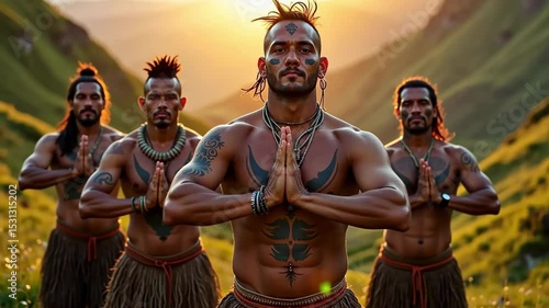 Group of four Maori men in traditional attire with face painting praying at sunset. Spiritual practice and cultural heritage footage.