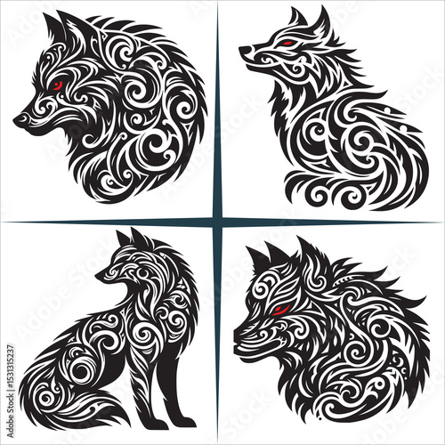 Tribal Wolf Silhouette Vector,A tired wolf howling while sitting lazily vector animal silhouette,Isolated fenrir wolf mythological symbol with snarling pose and tribal patterns