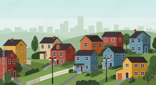 Illustration of colorful suburban neighborhood with two-story houses and distant city skyline