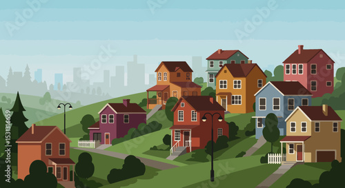 Colorful suburban neighborhood with houses on a hill and distant city skyline