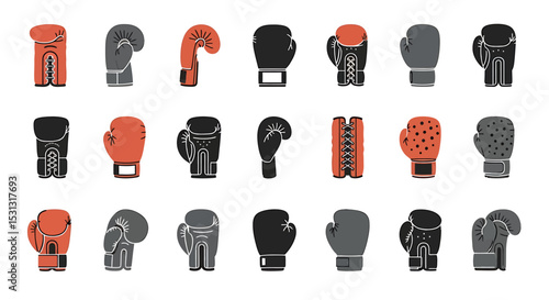 Vector icons Set of  Collection of Boxing Gloves in Red and Gray. Vector Illustrations