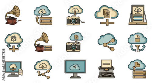 Vector icons Set of  Collection of Cloud Storage Icons with Retro Style. Vector Illustrations