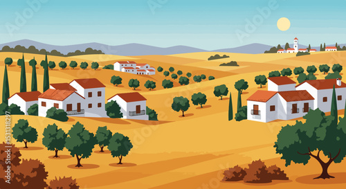 Illustration of rural landscape with winding dirt path, white houses, and church