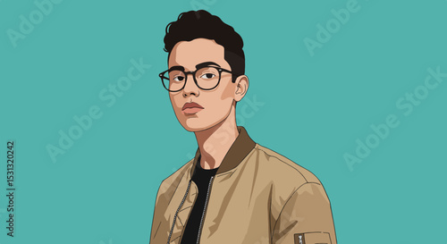 Young man with short dark hair and rectangular eyeglasses in beige jacket and black shirt on solid green background