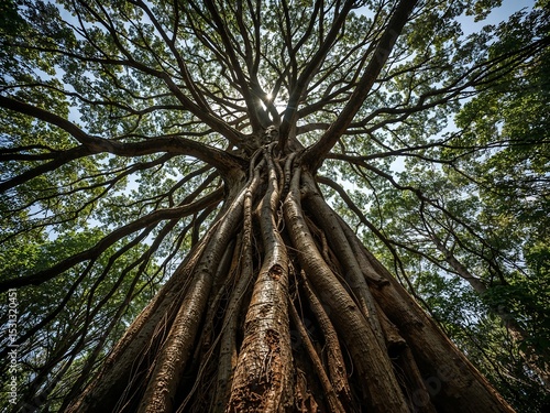 Looking Up at Massive Kapok Tree with Sunbeams