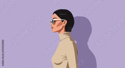 Stylized profile portrait of a woman with short dark hair wearing reflective sunglasses and a beige turtleneck sweater against a purple gradient background