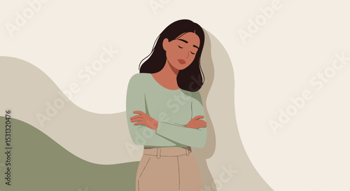 Young woman with long dark hair in light green top and beige pants standing in front of wavy shapes