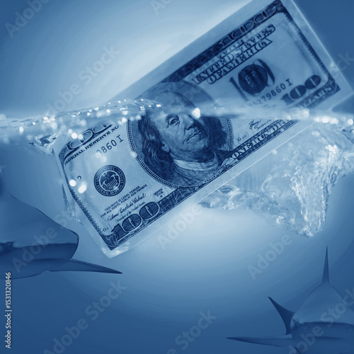 Conceptual image: business sharks. Selective focus on US Dollar bills money. Close up.