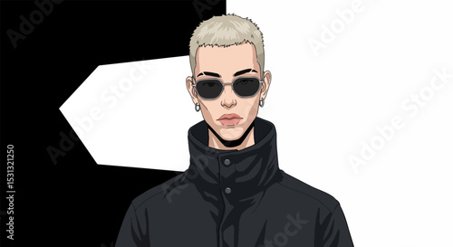 Stylized portrait of a young man with sunglasses and an earring in a black jacket