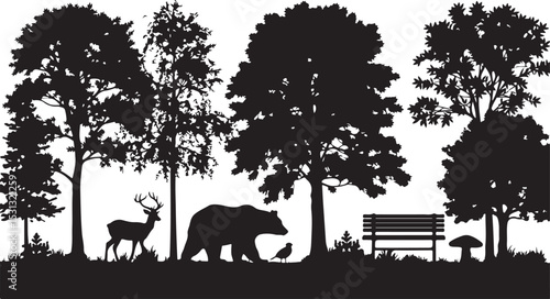 Woodland Silhouette with Wild Animals and Park Bench