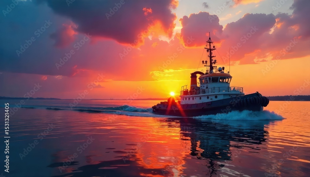 Fototapeta premium A breathtaking sunrise paints the sky as a powerful tugboat gracefully navigates calm waters, its silhouette a study in elegance against the vibrant backdrop , reflection, ship