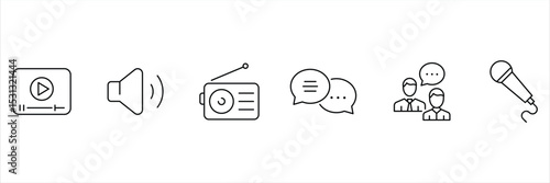 Podcast outline icon set. Set of  outline icons related to podcast. Containing microphone, radio, webcast, broadcast, audio, channel, video, headphones, news, and more. Vector Illustration.