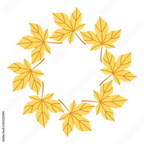 Simple yellow maple leaf circle frame. Cute wreath border of autumn leaves. Hello fall. Vector seasonal illustration. Template for poster, postcard.