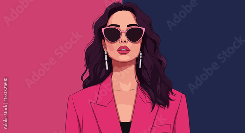 Stylized portrait of a confident woman with long dark hair, pink blazer, and round sunglasses