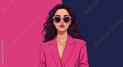 Stylish woman in pink blazer and sunglasses with gradient background