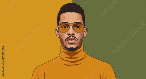 Young man with short dark hair, beard, and orange-tinted glasses wearing an orange turtleneck sweater against a yellow and green split background