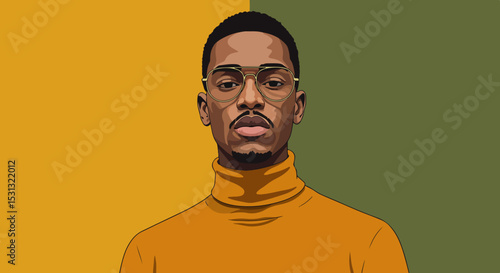 Young man with short dark hair, glasses, mustache, and goatee in orange turtleneck sweater on yellow and green diagonal background