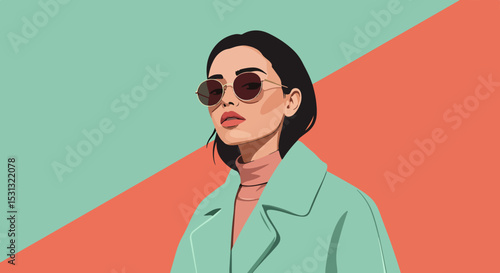 Stylized portrait of a woman with short dark hair, round sunglasses, and bold lipstick in a light green coat