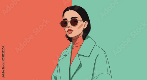 Confident woman with short dark hair, round sunglasses, and bold red lipstick in a light green coat and red top against a diagonal red and green background