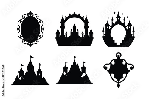 Six Black and White Silhouettes of Castles and Frames