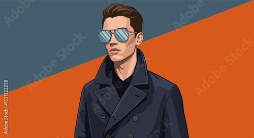Stylish young man in dark blue overcoat and black shirt with mirrored sunglasses on a deep blue and orange background