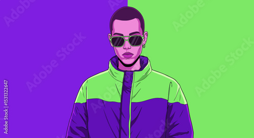 Young man in green and blue jacket with dark sunglasses in a colorful studio portrait