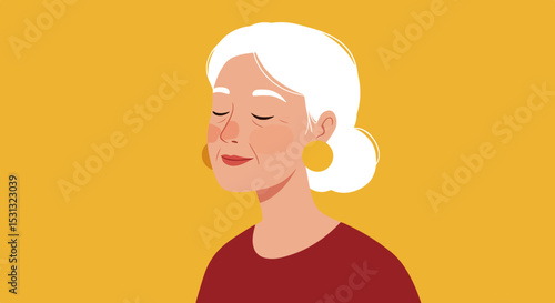 Portrait of an older woman with white hair, wearing a dark red top and yellow earrings, against a yellow background