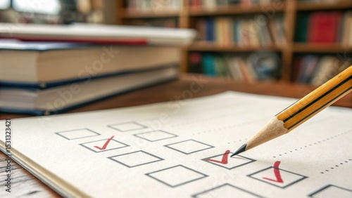 Academic evaluation process library classroom checklist activity study environment close-up perspective educational assessment importance