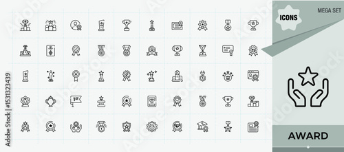 Award vector line icon set. Outline icons pack. Editable vector art and illustration. Rank icon set. It contains symbols to medal, championship, badge, achievement, rank and more.
