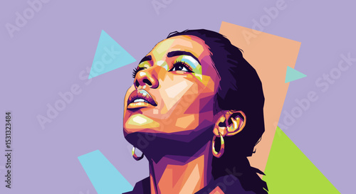 Young woman in low-poly style with geometric background