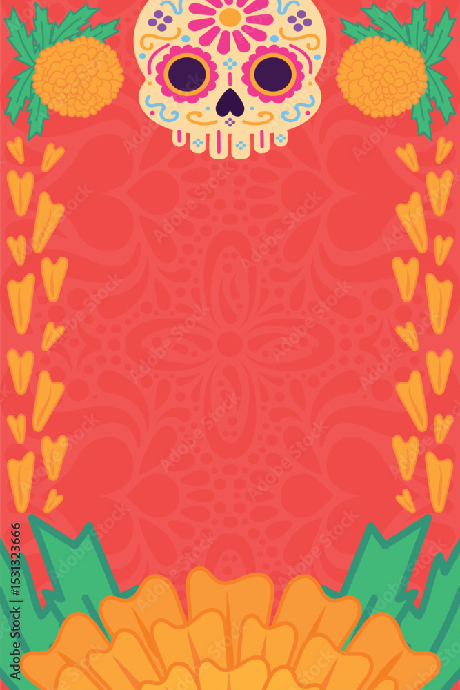 Vector marco estilo día de muertos. Diseño sobre papel picado naranja. Tradición mexicana