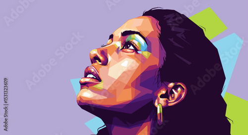 Digital illustration of a woman with colorful facial features and geometric background